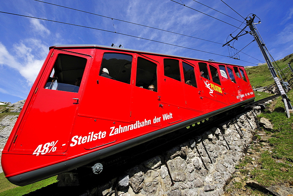 Cogwheel railway to Mount Pilatus, a recreational mountain near Lucerne, the 48% gradient making it the steepest cogwheel railway in the world, Switzerland, Europe