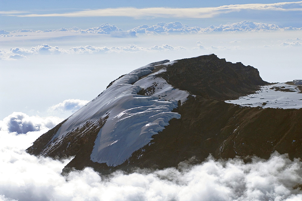 Aerial view of Mt. Kilimanjaro 19335 ft. or 5895 m, Rebmann Glacier in the foreground, crater floor, Tanzania, Africa