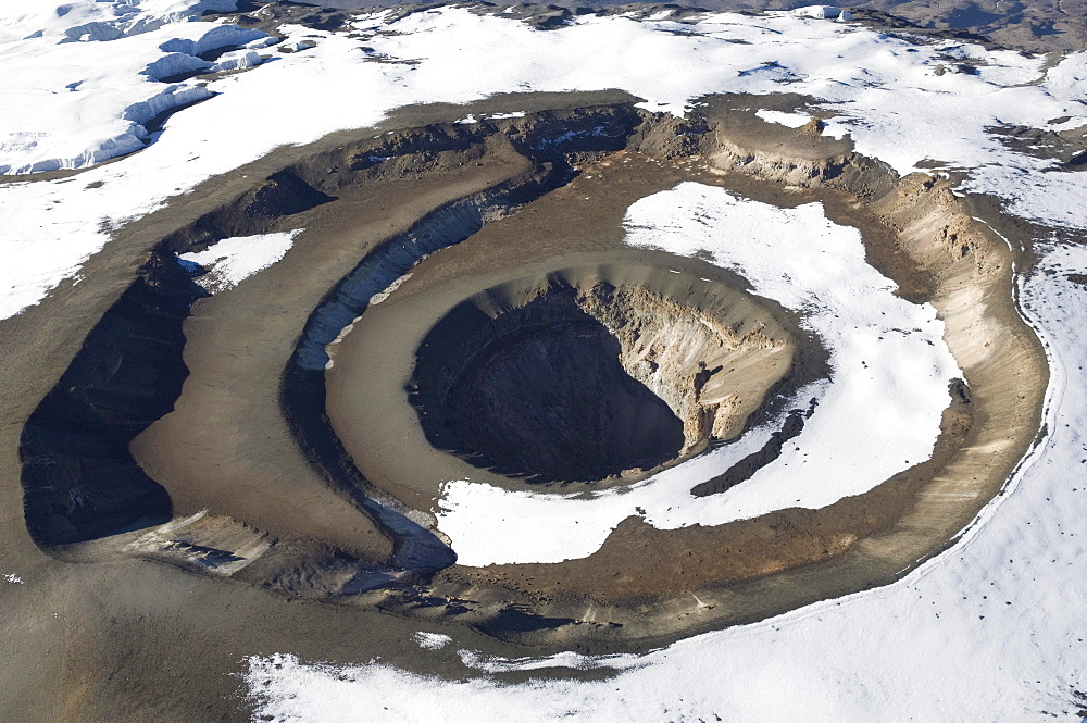 Aerial view of Mt. Kilimanjaro 19335 ft. or 5895 m, Reusch Crater and ash pit, Tanzania, Africa