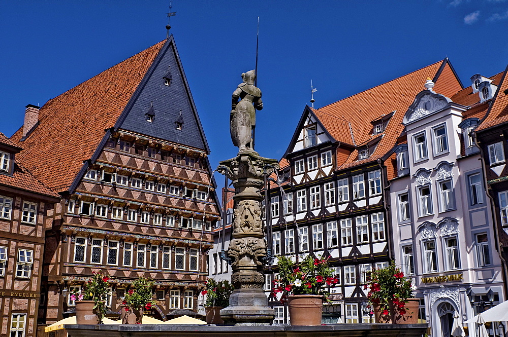 Square with fountain, Knochenhaueramtshaus butcher's guild house and Stadtschaenke city tavern, Hildesheim, Lower Saxony, Germany, Europe