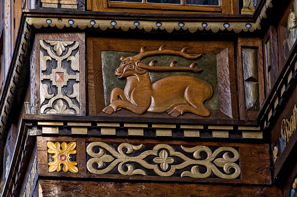 Detail of the front of the Wedekindhaus house at the market square, Hildesheim, Lower Saxony, Germany, Europe