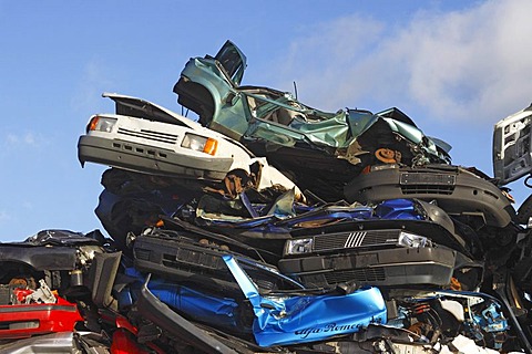 Pressed cars, scrappage premium, cars on a junkyard, old cars, wrecked cars, scrap metal, Germany