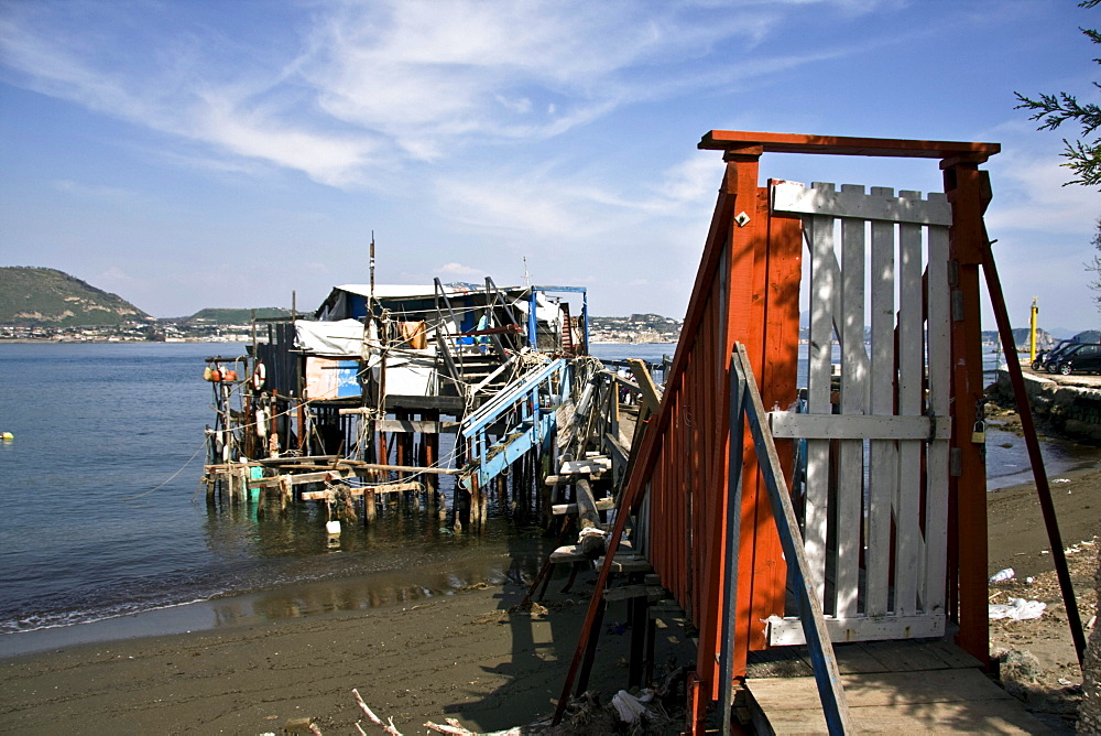 Bizzarre hut for fishing on the seashore, Gulf of Baia, Bacoli, Pozzuoli, Naples, Campania, Italy, Europe