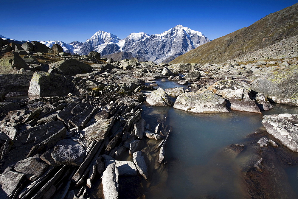 Mt. Ortler, mountain stream, Sulden, Ortler mountain range, Stelvio National Park, South Tyrol, Italy, Europe