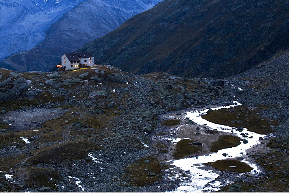 Duesseldorferhuette mountain hut, Ortler mountain range, Stelvio National Park, South Tyrol, Italy, Europe