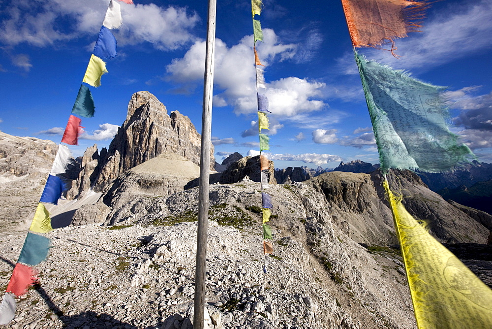 Prayer flags, Paternkofel mountain, Sexten Dolomites, Alto Adige, Italy, Europe