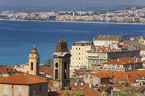 View of the historic town overlooking the sea from the castle hill, skyline, panorama, Nice, Cote d'Azur, France