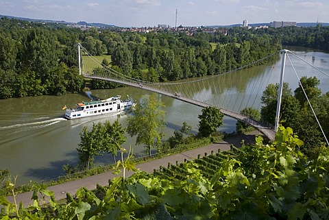 Excursion ship on the Neckar at Hofen, passenger shipping on river Neckar, Max Eyth footbridge, vineyards, viticulture, Stuttgart, Baden-Wuerttemberg, Germany