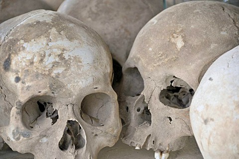 Choeung Ek, Killing Fields, 8985 skulls of victims laid out in a mausoleum behind glass, Phnom Penh, Cambodia, Southeast Asia