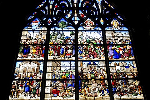 Colourful stained glass window, church window, depiction of everyday situations from the middle ages, Saint Etienne Cathedral, Bourges, Centre, France, Europe