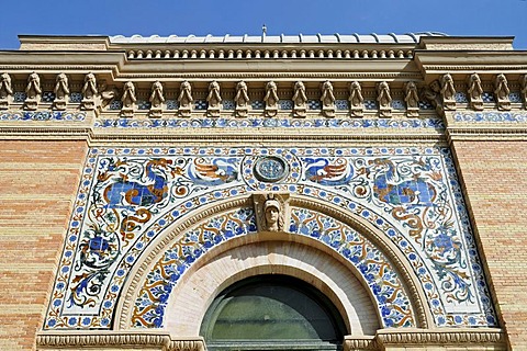 Facade, Spanish tiles, azulejos, palace, Palacio de Velazquez, Retiro, park, Madrid, Spain, Europe