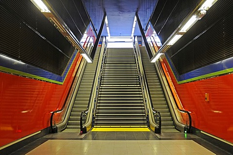 Escalator, multicoloured, deserted, Metrostation El Capricho, Madrid, Spain, Europe