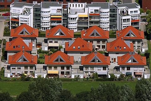 Aerial view of Stadtkrone Ost, Stockholmer Allee, housing estate, single-family houses, terraced house, Dortmund, North Rhine-Westphalia, Germany, Europe