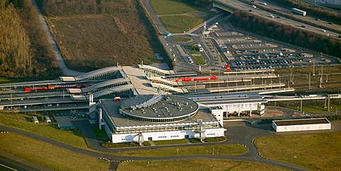 Aerial photograph of Duesseldorf Airport, Rhein-Ruhr-Flughafen, train station, S-Bahn, Duesseldorf, Nordrhein-Westfalen, Germany, Europe