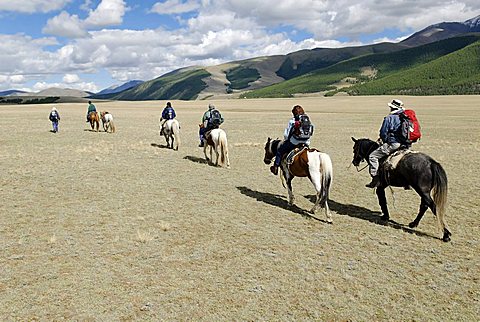 Riders, tourist group riding across the Tschuja steppe, Saljugem, Sailughem, Saylyugem Mountains, Tschuja Steppe, Altai Republic, Siberia, Russia, Asia