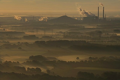 Sunrise over the VEBA-Oel AG company and the Scholven power station, aerial photo, Dorsten, Ruhrgebiet, North Rhine-Westphalia, Germany, Europe