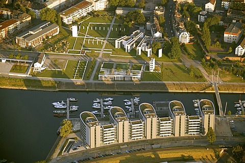 Aerial photograph of Fiveboats and the Synagogue at Holzhafen, Duisburg, Ruhr Area, North Rhine-Westphalia, Germany, Europe