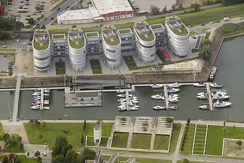 Aerial photograph, inner port and Fiveboats, Duisburg, Ruhr Area, North Rhine-Westphalia, Germany, Europe