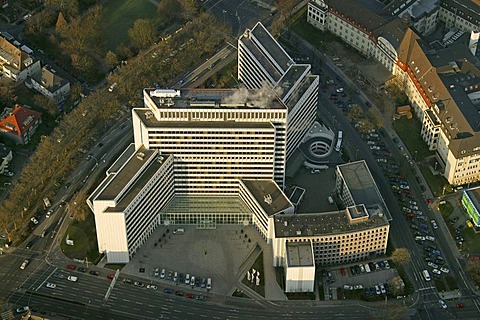 Aerial picture, EON Ruhrgas headquarters, gas supply, energy supply company, multi-storey office building, Essen, Ruhr area, North Rhine-Westphalia, Germany, Europe