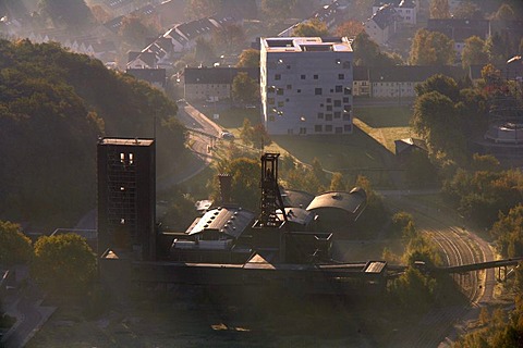 Aerial picture, winding tower, Zollverein School of Management and Design, Zeche Zollverein, UNESCO World Heritage Site, Essen, Ruhr area, North Rhine-Westphalia, Germany, Europe