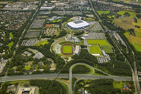 Aerial photo, parking area, Schalker pitch, Arena Auf Schalke, Schalke arena, Veltins Arena, medicos.AufSchalke Reha, Gelsenkirchen Buer, Ruhr area, North Rhine-Westphalia, Germany, Europe