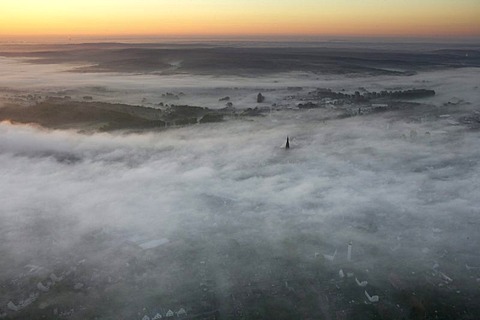 Aerial picture, layer of fog, fog, cloud of fog, autumn, spire of St. Sixtus, Halterner Stausee lake, Haltern, Muensterland, North Rhine-Westphalia, Germany, Europe