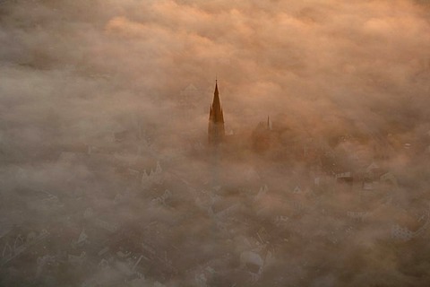 Aerial picture, layer of fog, fog, cloud of fog, autumn, spire of St. Sixtus, Halterner Stausee lake, Haltern, Muensterland, North Rhine-Westphalia, Germany, Europe