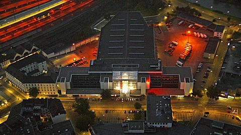 Aerial picture, night shot, Technisches Rathaus, engineering city hall, Hamm, Ruhr area, North Rhine-Westphalia, Germany, Europe