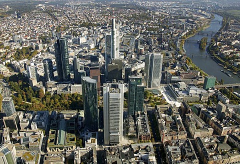 Aerial view, Deutsche Bank, Commerzbank, Deka Bank, skyscrapers, Financial District, City, skyline, Frankfurt am Main, Hesse, Germany, Europe