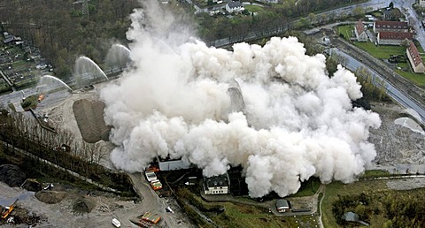 Aerial photo, chimney being blown up, E.ON power station, Castrop-Rauxel, Ruhr area, North Rhine-Westphalia, Germany, Europe