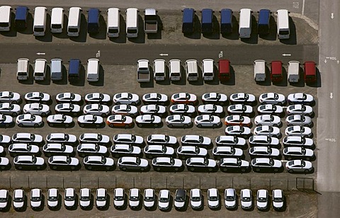 Aerial photograph, new cars in a car park, car stockpile, Porsche, Essen, Ruhr area, North Rhine-Westphalia, Germany, Europe