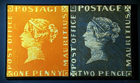 Orange red and blue Mauritius Post Office Stamps, Blue Penny Museum, Caudan Waterfront in the harbour of the capital city Port Louis, Mauritius, Africa, Indian Ocean