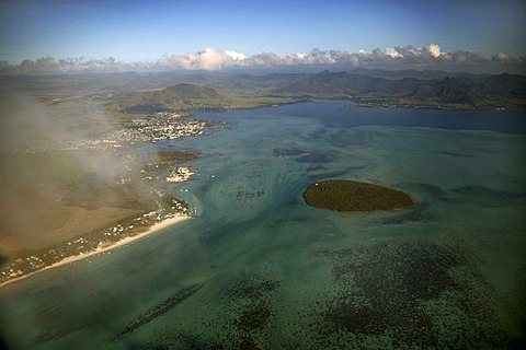 Aerial view, beach, turquoise water, coral island, mountains, Tamarin Bay, Mauritius, Indian Ocean