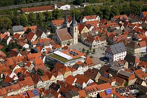 Aerial picture, market square and parish church, Hassfurt, Lower Franconia, Bavaria, Germany, Europe