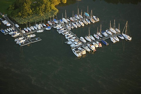 Aerial photograph, boat landing stage, sailboats, Roebel, Mueritz, Mecklenburg-Western Pomerania, Germany, Europe