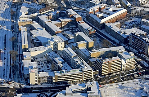 Aerial photo, Westdeutsche Allgemeine Zeitung, newspaper, headquarters WAZ, WAZ company, snow, Essen, Ruhrgebiet, North Rhine-Westphalia, Germany, Europe