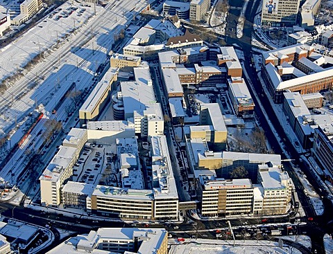 Aerial photo, Westdeutsche Allgemeine Zeitung, newspaper, headquarters WAZ, WAZ company, snow, Essen, Ruhrgebiet, North Rhine-Westphalia, Germany, Europe