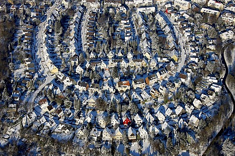 Aerial photo, residential area, terraces, snow, Gehrberg Bergerhausen, Essen, Ruhrgebiet, North Rhine-Westphalia, Germany, Europe