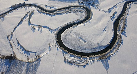 Aerial photo, Lippe river sinuosity near Flaesheim, snow, Haltern, Ruhr Area, North Rhine-Westphalia, Germany, Europe