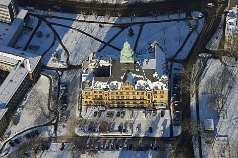 Aerial photo, town hall, inner city in snow, Recklinghausen, Ruhr Area, North Rhine-Westphalia, Germany, Europe