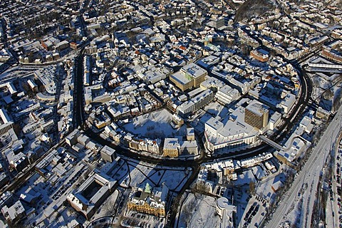 Aerial photo, town hall, inner city in snow, Recklinghausen, Ruhr Area, North Rhine-Westphalia, Germany, Europe