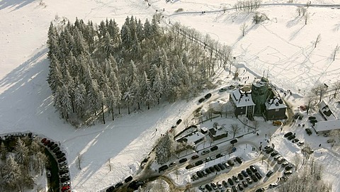 Aerial photo, Winterberg, Kahler Asten with snow, Astenturm, weather station, Rothaargebirge, Hochsauerlandkreis, Sauerland, North Rhine-Westphalia, Germany, Europe