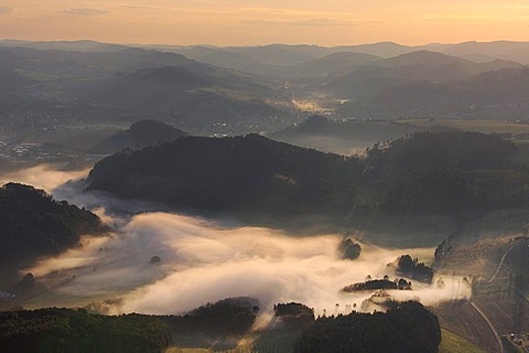 Aerial photo, morning fog, hilly landscape, Meschede Buchholz, Meschede, Hochsauerlandkreis, Sauerland, North Rhine-Westphalia, Germany, Europe