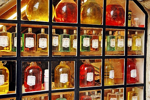 Bottles of perfume in shop window, Gourdon, Alpes-Maritimes, Provence-Alpes-Cote d'Azur, Southern France, France, Europe