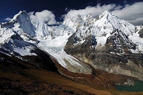 Yerupaja Sur, Siula Grande, 20813 ft / 6344 m, and Sarapo, from left, Cordillera Huayhuash, Peru, South America