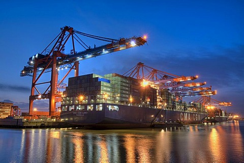 Container ship at night in Hamburg Harbour, container terminal Eurokai, Hamburg, Germany, Europe