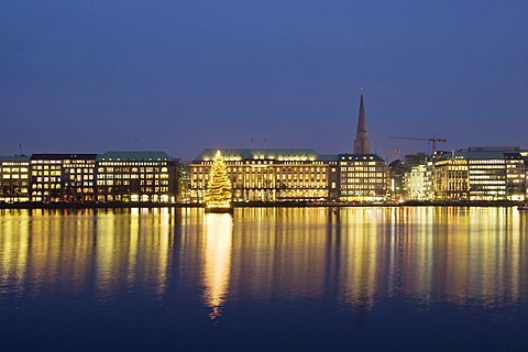 Inner Alster River with illuminated Christmas tree, view of Ballindamm Street, Hamburg, Germany, Europe