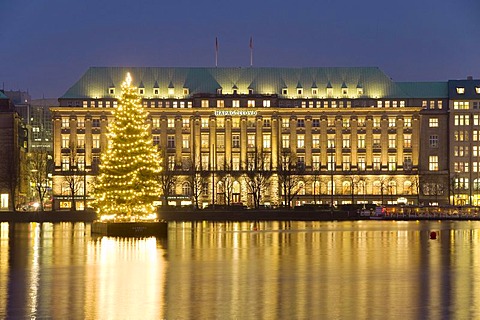 Hapag Lloyd Shipping Company Headquarters on Ballindamm Street, at front Christmas tree on the Inner Alster River, Hamburg, Germany, Europe