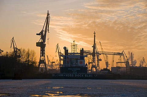 Ship in the Elbe 17 dry dock of the Blohm + Voss shipyard in Hamburg, Germany, Europe