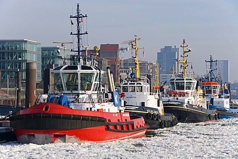 Harbour tugs anchored in front of Altona at the Port of Hamburg, at back the Elbperlen, Hamburg, Germany, Europe